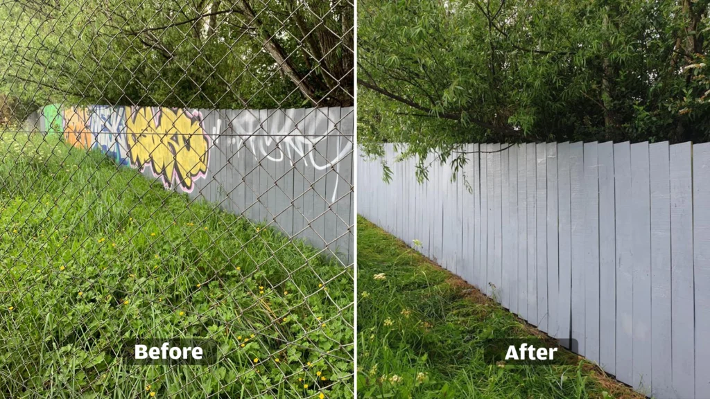 Fence before and after professional graffiti removal and restoration in Auckland