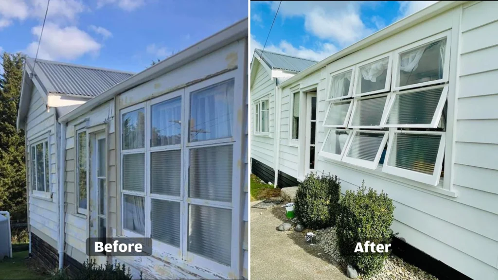Residential house showing before and after professional exterior painting in Auckland