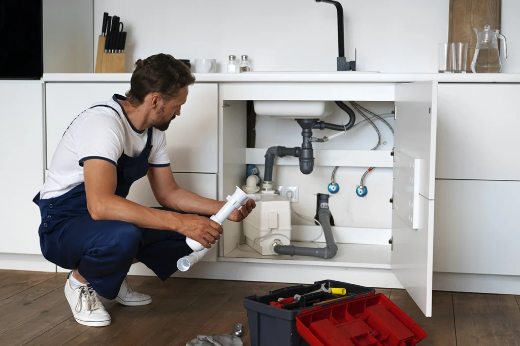 Professional plumbing repair service in progress