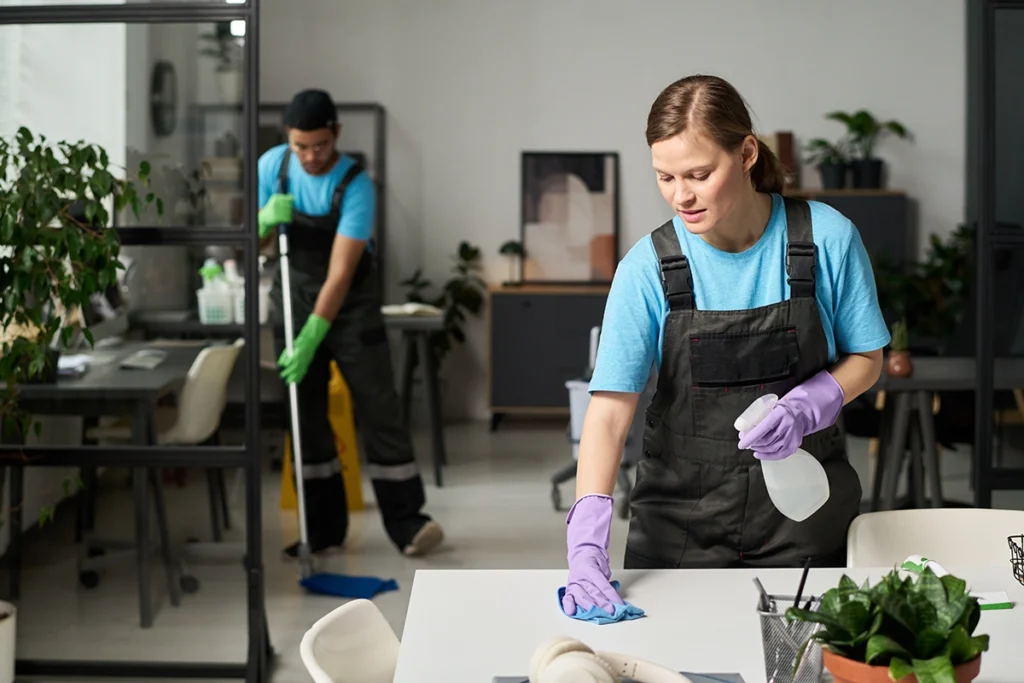 Two professionals performing a cleaning service in a residential home